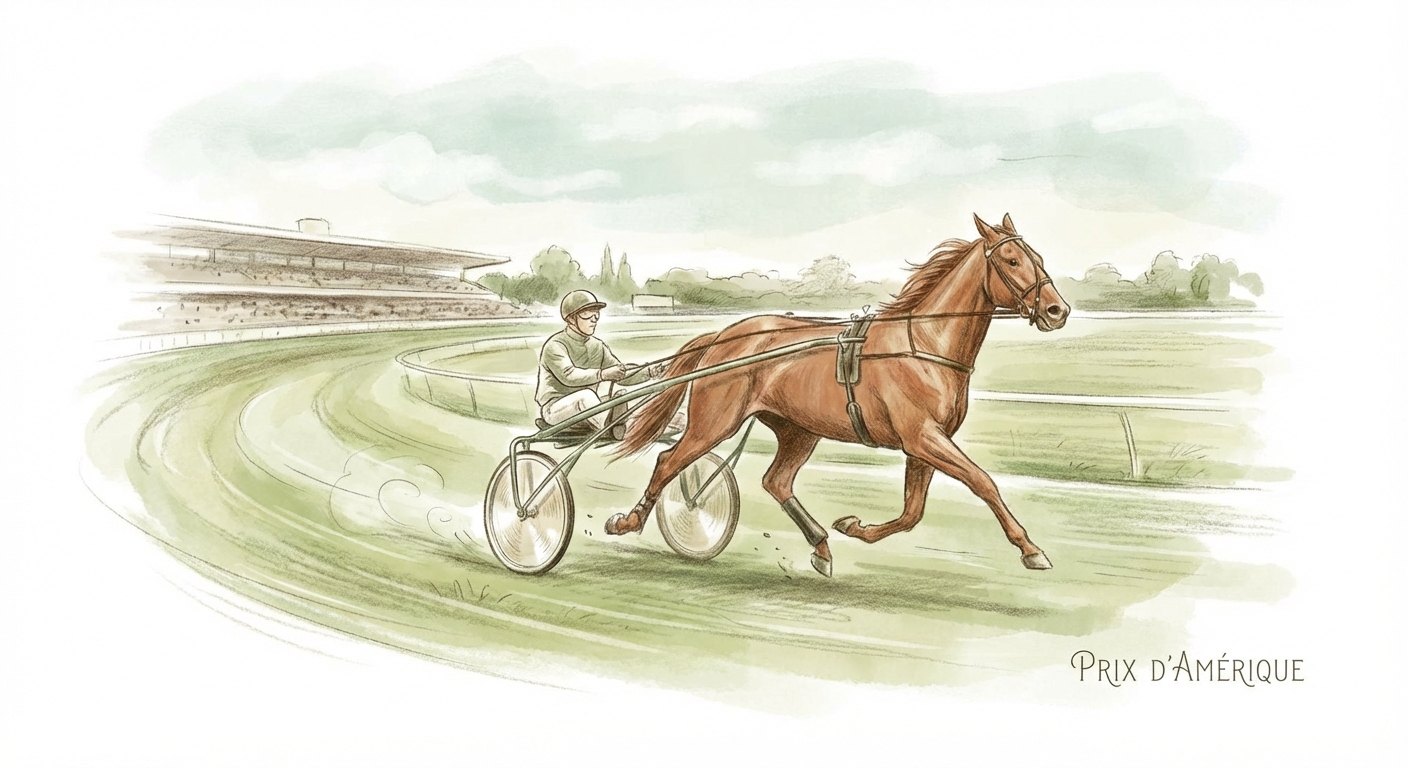 Trotteur attelé et son sulky sur la piste